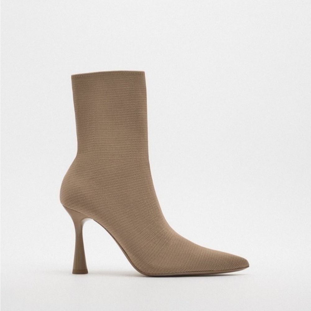 Zara Beige Knit Pointed-Toe Sock Ankle Boots